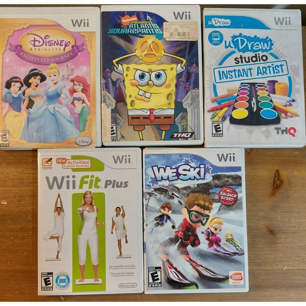 Nintendo Wii Game Lot of 5 Disney Princess SpongeBob Wii Fit Plus We Ski Tested